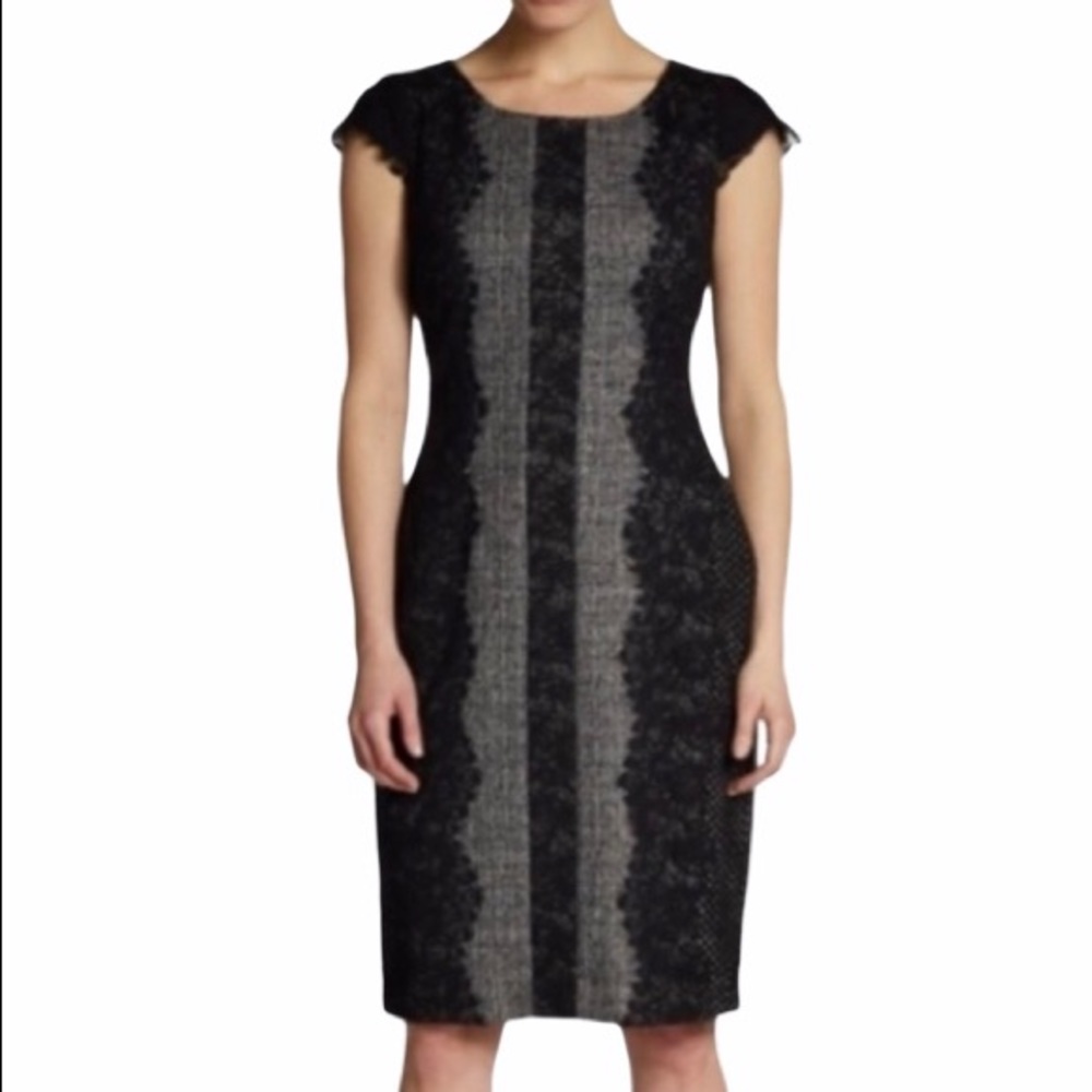 BETSEY JOHNSON Dress Tweed Lace Scallop Cap Sleeve